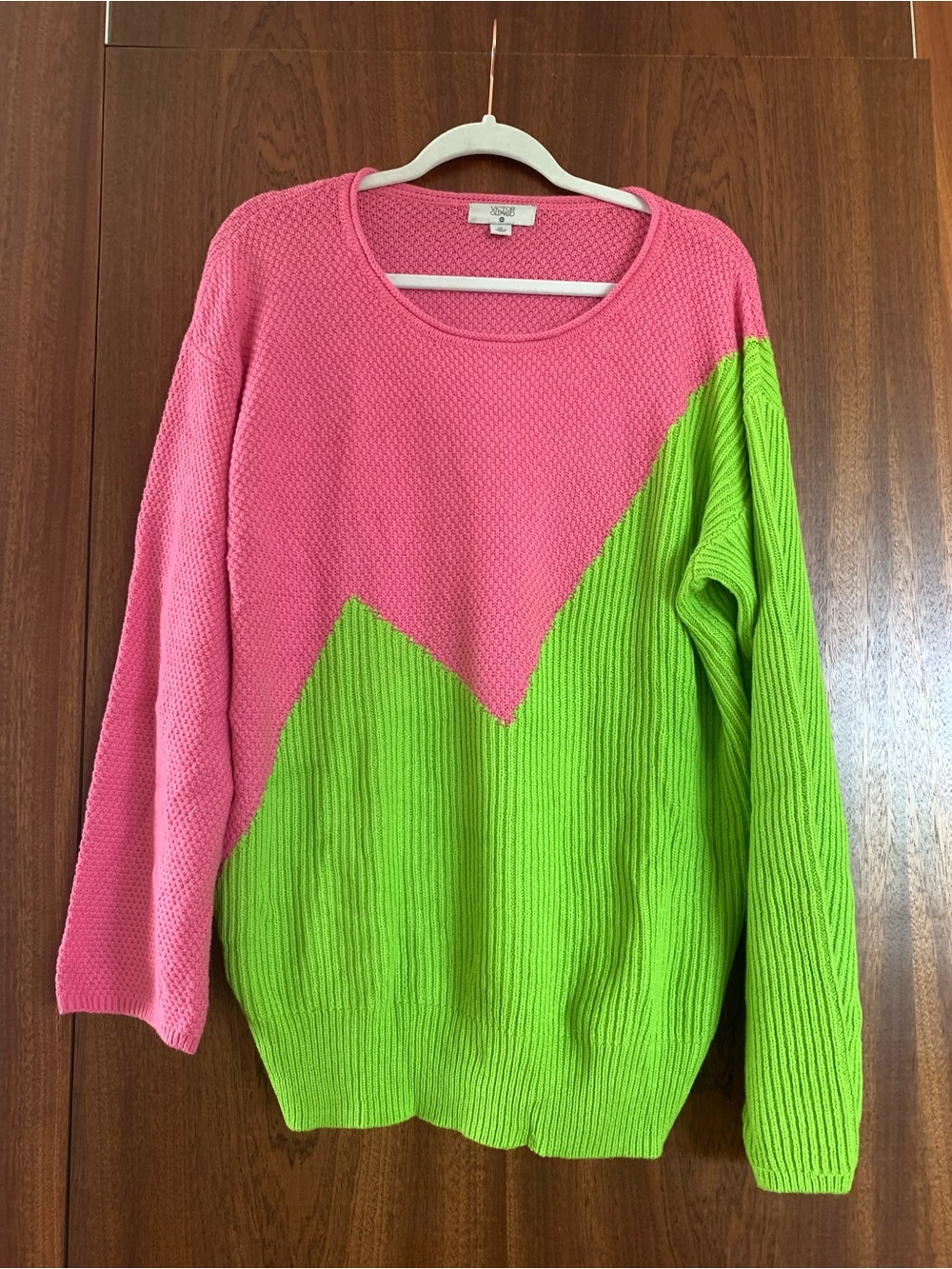 Victor Glemaud Pink and Lime Green Colorblock Crewneck Sweater